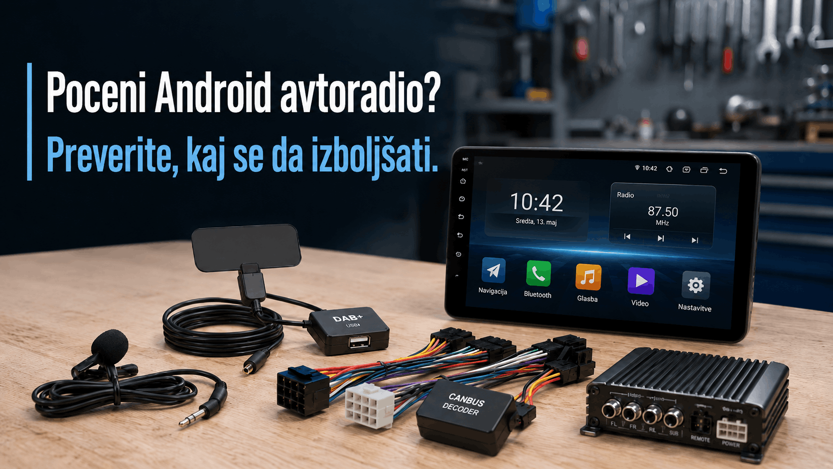 Android avtoradio z dodatki za izboljšavo zvoka, mikrofona, DAB+ sprejema in CANBUS povezave