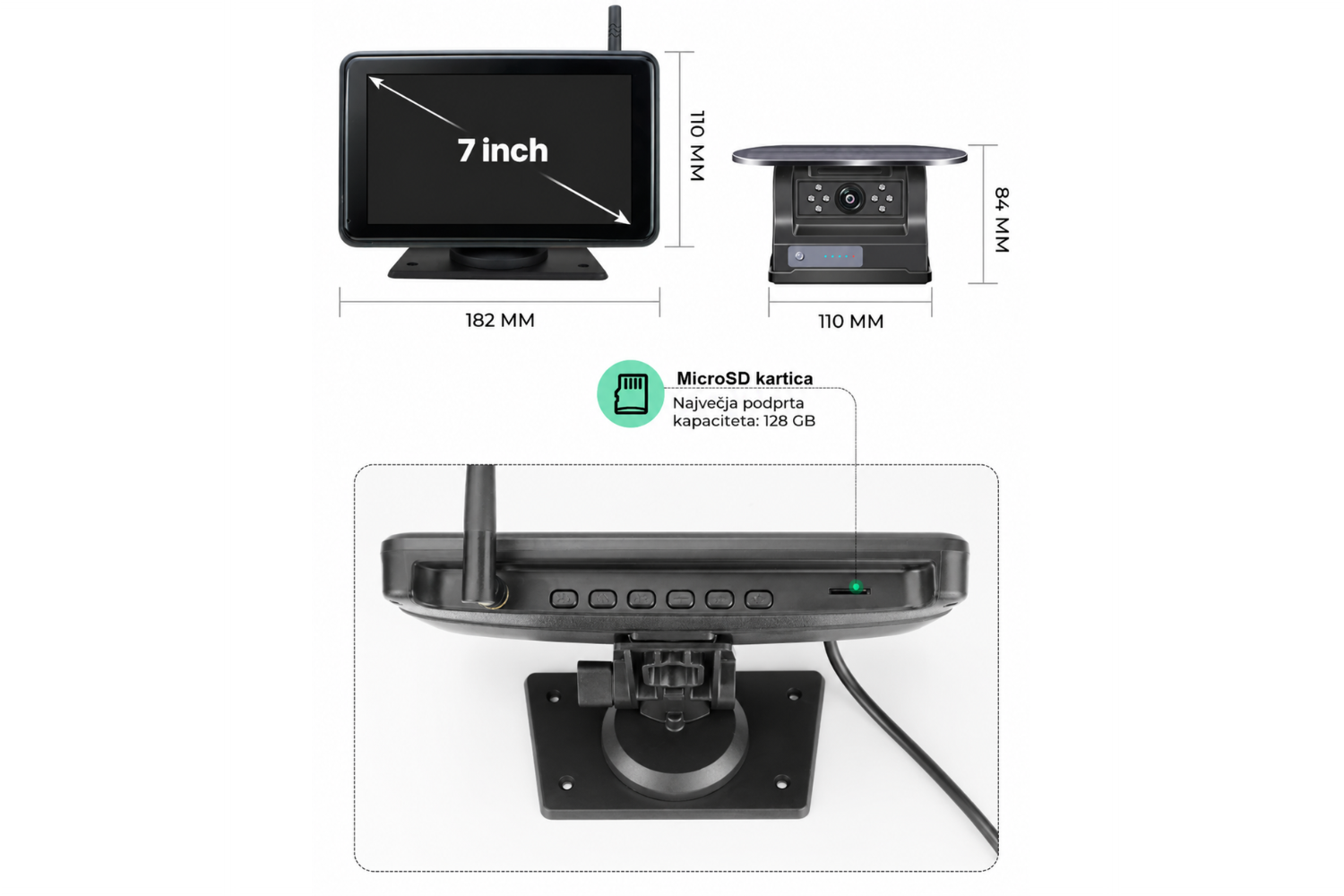 7" DVR monitor – dimenzije in MicroSD 7-palčni DVR monitor za vzvratno kamero z MicroSD do 128 GB