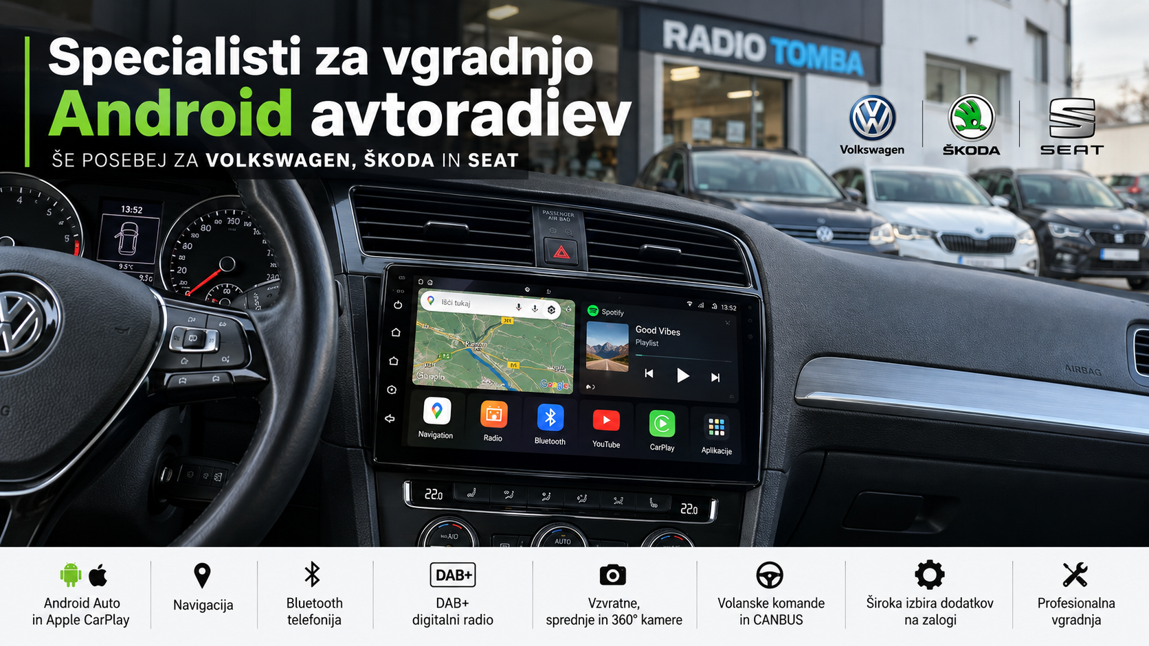 Vgradnja Android avtoradiev za Volkswagen, Škoda in SEAT – Radio Tomba