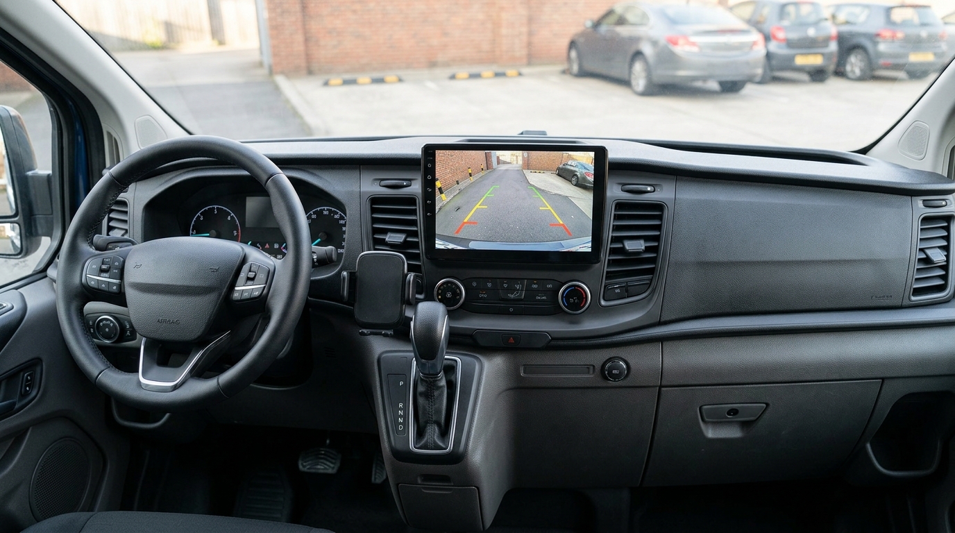 ALT opis naslovne slike Zaslon vzvratne kamere v kabini kombija s prikazom prostora za vozilom in parkirnimi črtami.